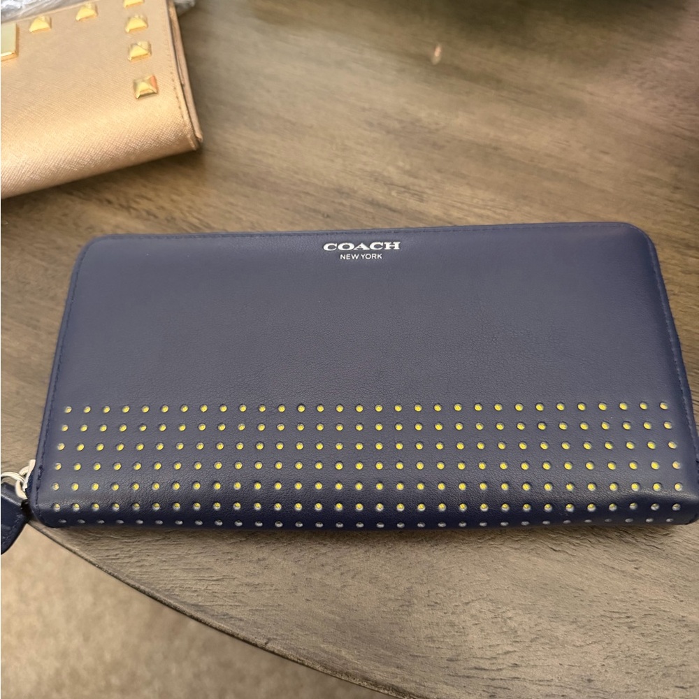 Coach Navy Zip Around Wallet with Gold Stud Accents